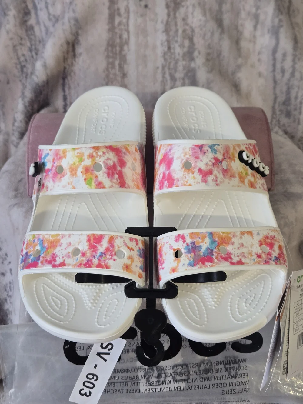 CROCS White Slide Sandals with Pink, Blue & Orange Splash 8 M / 10 W